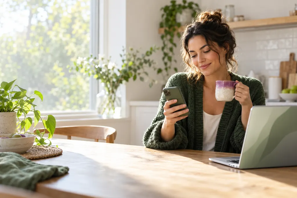 Woman smiling at her phone at a sunny kitchen table, holding a mug, with a laptop open beside her